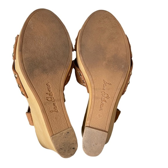 Sam Edelman Suede Leather Wedge Sandals Size 9.5 Brown Cairo Wooden Heel - Picture 4 of 9